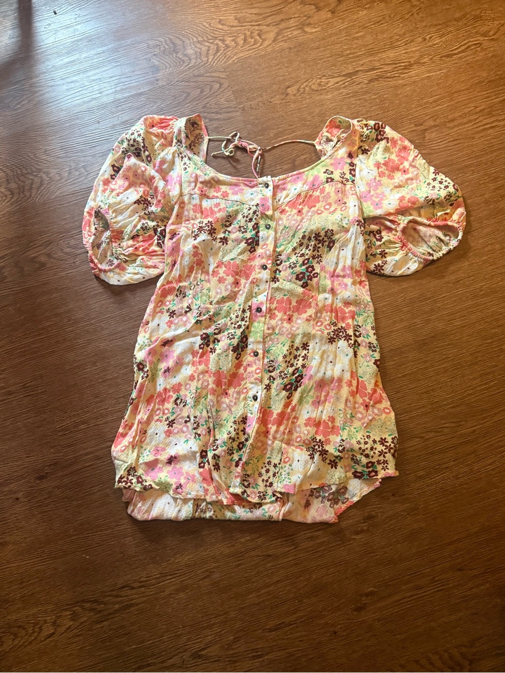 Free People Pink Floral Puff Sleeve Button-Front Top - Size XS